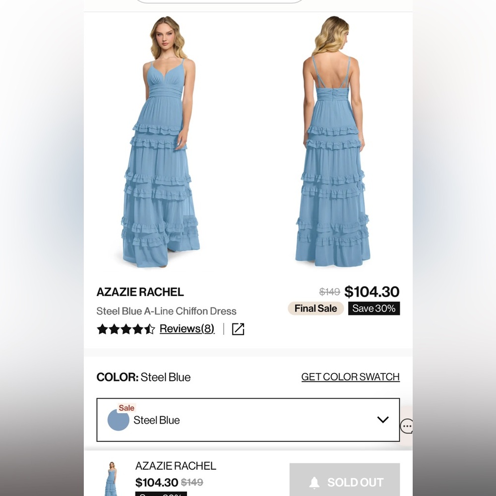 Azazie Steel Blue Rachel Dress - Size A6. WORN ONCE!